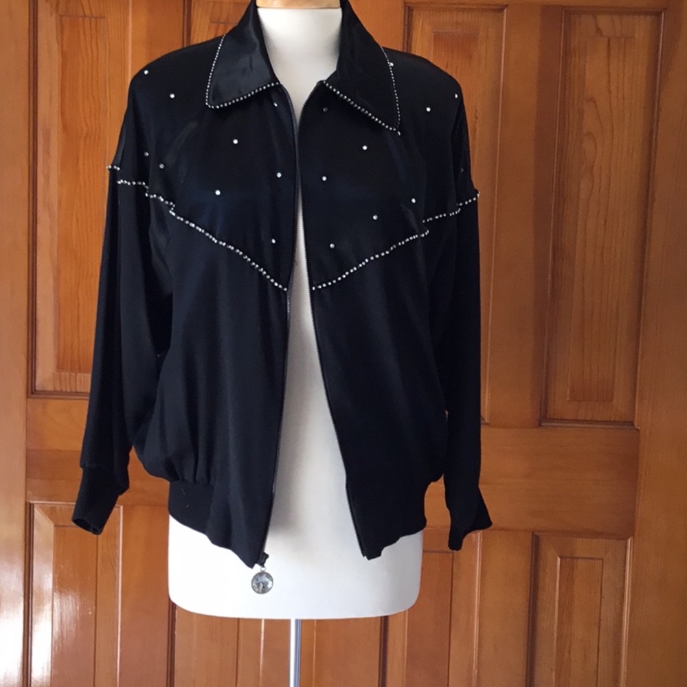 Ladies Black and Rhinestone trimmed Jacket Size 8. Made in USA. Zippered front